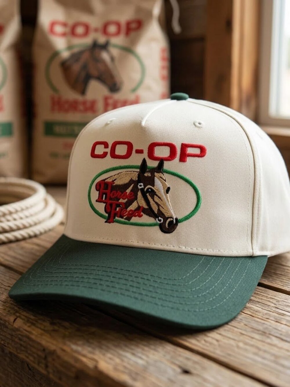 Co-Op Horse Feed Embroidered Morgan Wallen Cream Green Snapback Trucker Hat Retr